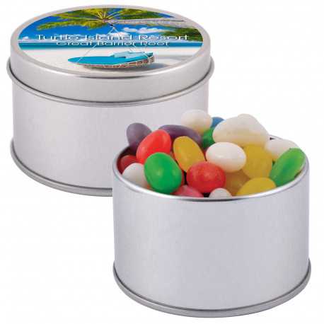 Promotional Jelly Beans - Assorted Colour Mini Jelly Beans in Silver Round Tin