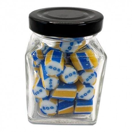 70g Personalised Rock Candy Packed in Small Glass Square Jars