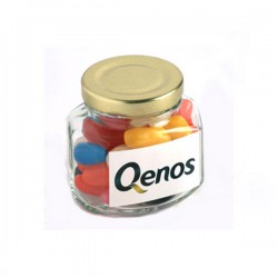 Promotional Jelly Beans - Jelly Beans in Glass Squexagonal Jar 90G (Mixed Colours or Corporate Colours)