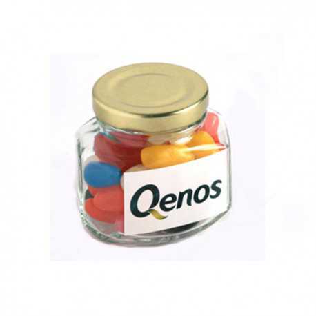 Promotional Jelly Beans - Jelly Beans in Glass Squexagonal Jar 90G (Mixed Colours or Corporate Colours)