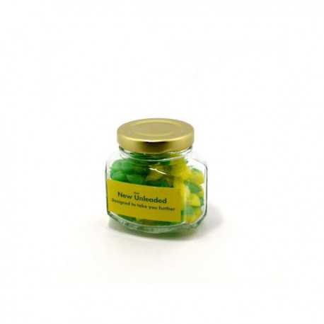 Lollies in Buckets & Jars - Corporate Coloured Humbugs in Glass Squexagonal Jar 80G