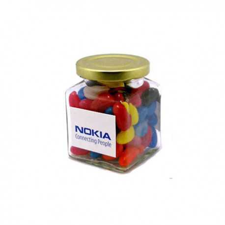 Promotional Jelly Beans - Jelly Beans in Glass Square Jar 170G (Mixed Colours or Corporate Colours)