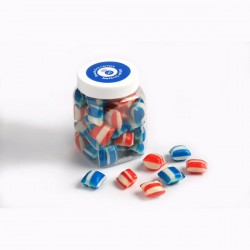 Lollies in Buckets & Jars - Corporate Coloured Humbugs in Plastic Jar 150G