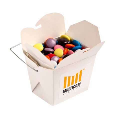 Promotional Chocolates - White Cardboard Noodle Box Filled with Choc Beans Smartie Look Alike 100G (Mixed Colours)