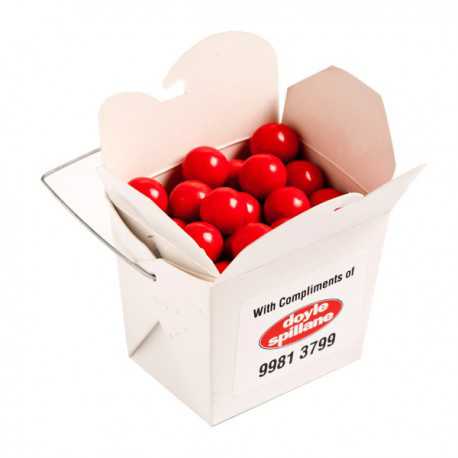 Promotional Chocolates - White Cardboard Noodle Box Filled with Orange Choc Drops (Jaffa Look Alike) 100G