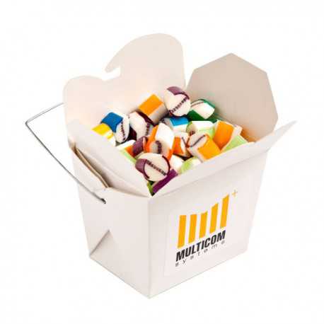 Promotional Lollies - White Cardboard Noodle Box Filled with Personalised Rock Candy 100G