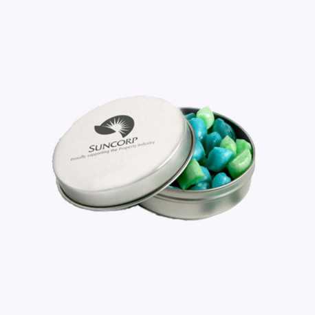 Sweets in Tin Packs - Candle Tin Filled with Corporate Coloured Tiny Humbugs 50G