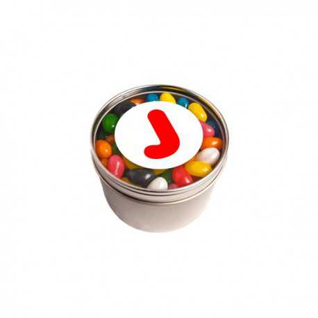 Small Round Acrylic Window Tin Fillled with Jelly Beans 170G (Mixed Colours or Corporate Colours)