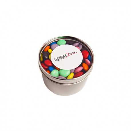 Promotional Chocolates - Small Round Acrylic Window Tin Fillled with Choc Beans 170G (Mixed Colours)