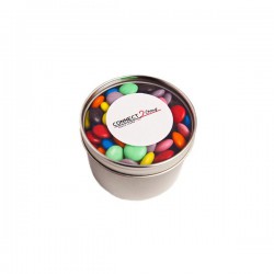 Promotional Chocolates - Small Round Acrylic Window Tin Fillled with Choc Beans 170G (Corporate Colours)