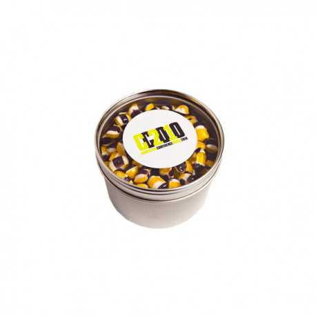 Sweets in Tin Packs - Small Round Acrylic Window Tin Fillled with Tiny Humbugs 170G