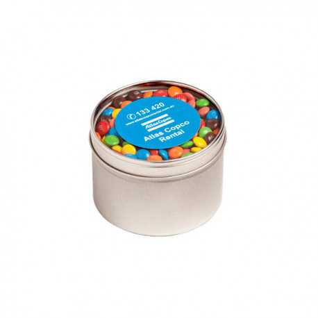 Sweets in Tin Packs - Small Round Acrylic Window Tin Fillled with M&Ms 160G