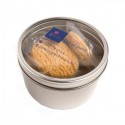 Sweets in Tin Packs - Small Round Acrylic Window Tin Fillled with Biscuits X4